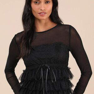 Lulus Delightful Impact Black Mesh Lace Drawstring Long Sleeve Top - Size S